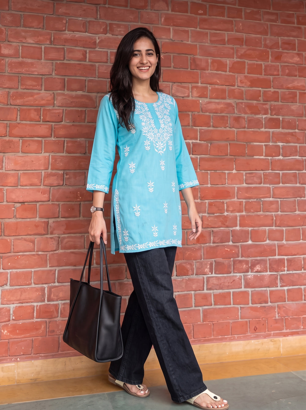 Aiza Sky Blue Embroidered Top back view – The Suitable