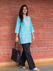 Aiza Sky Blue Embroidered Top back view – The Suitable