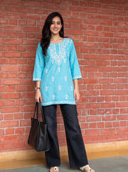 Aiza Sky Blue Embroidered Top front view – The Suitable