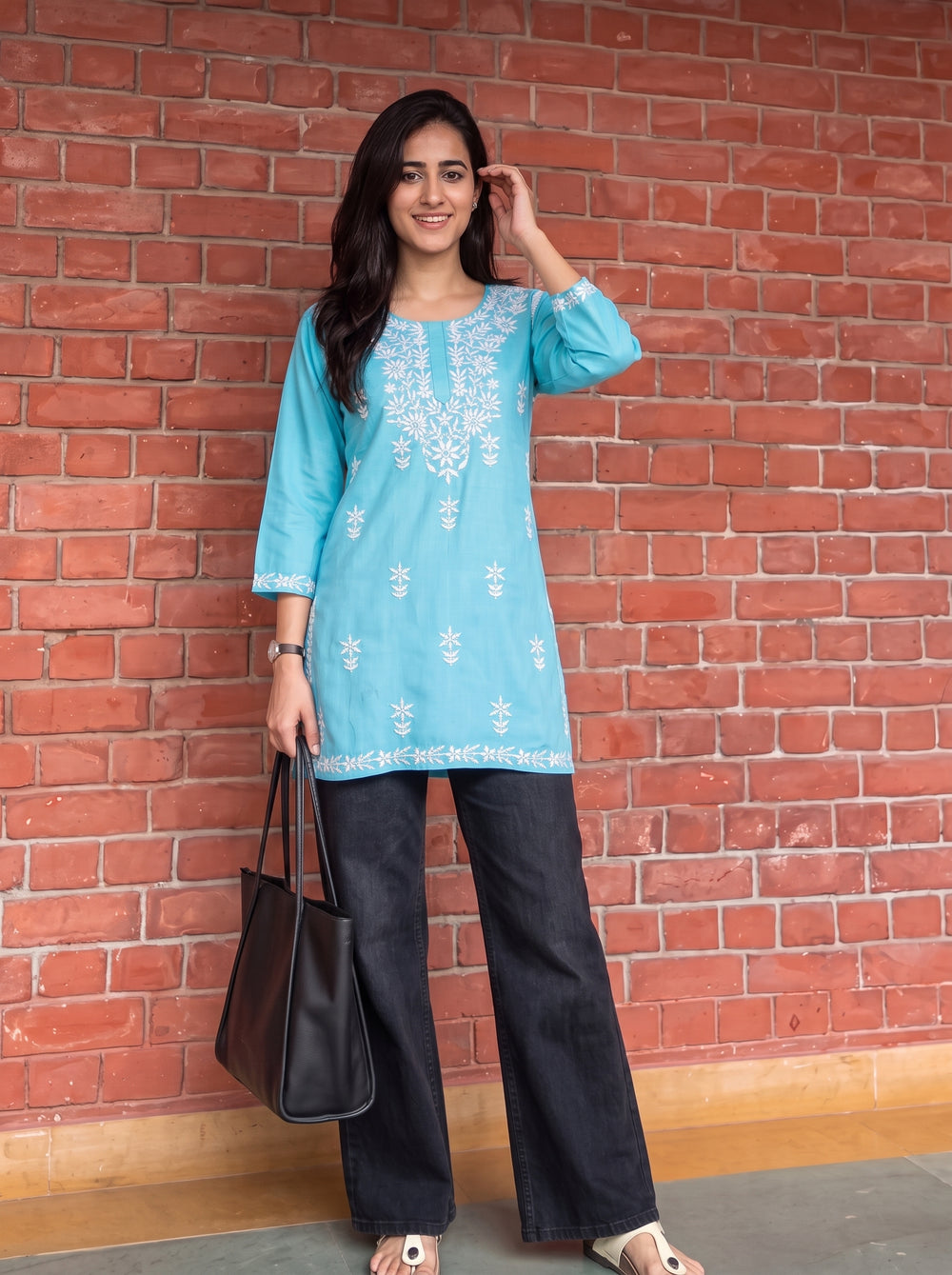 Aiza Sky Blue Embroidered Top side view – The Suitable