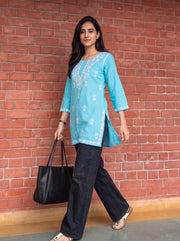 Aiza Sky Blue Embroidered Top styled view 5 – The Suitable