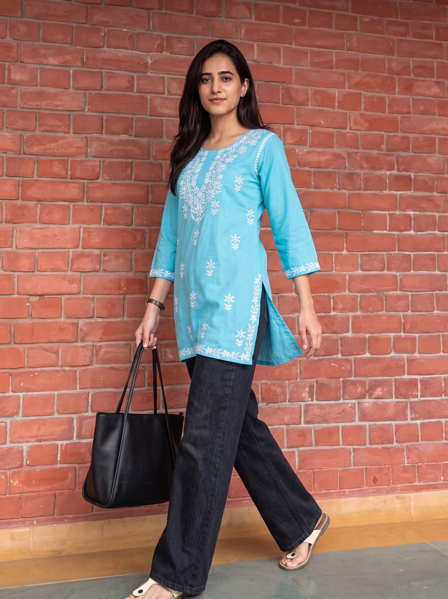 Aiza Sky Blue Embroidered Top styled view 5 – The Suitable