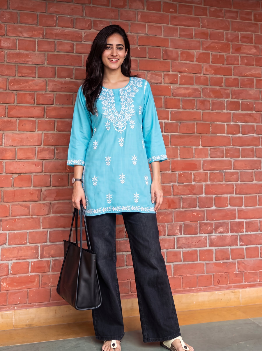 Aiza Sky Blue Embroidered Top styled view 6 – The Suitable