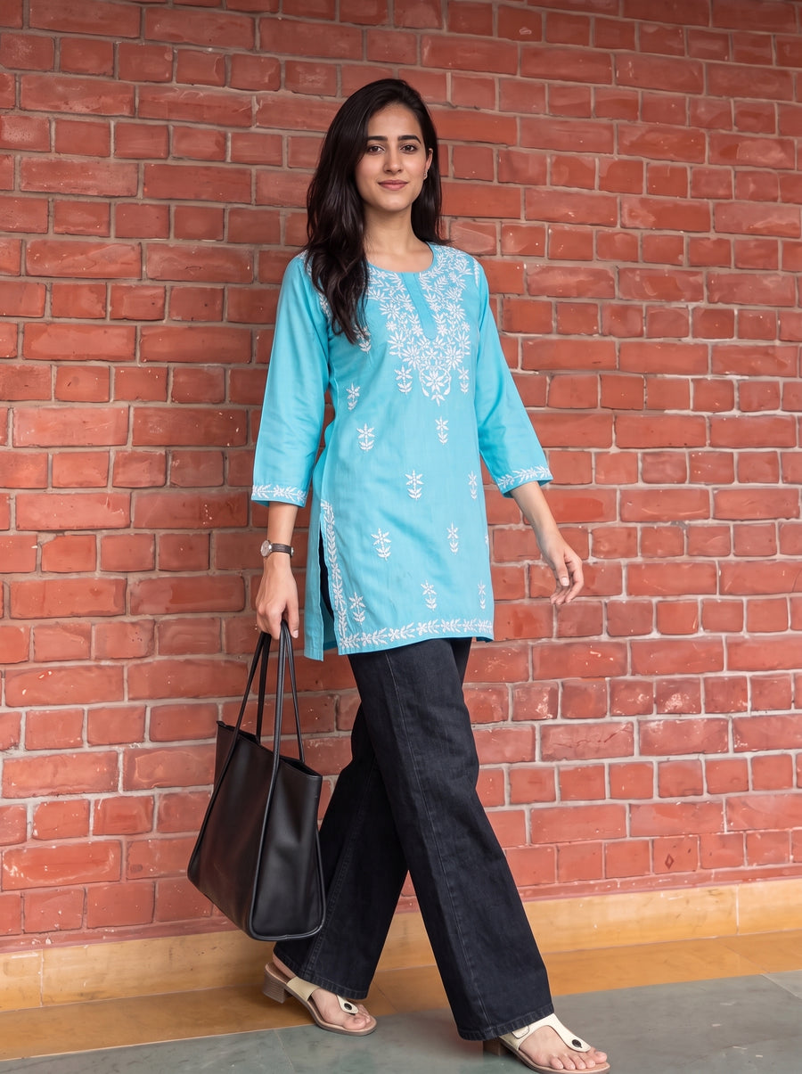 Aiza Sky Blue Embroidered Top styled view 7 – The Suitable