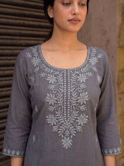 Tisha Dark Grey Embroidered Top neckline detail – The Suitable
