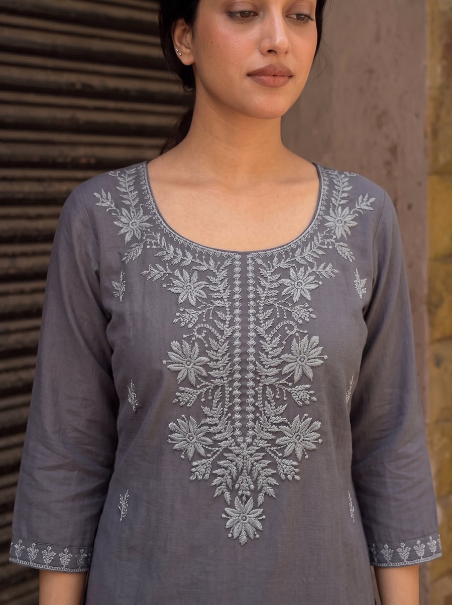 Tisha Dark Grey Embroidered Top neckline detail – The Suitable