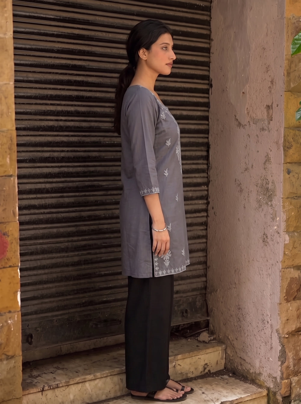 Tisha Dark Grey Embroidered Top side view – The Suitable