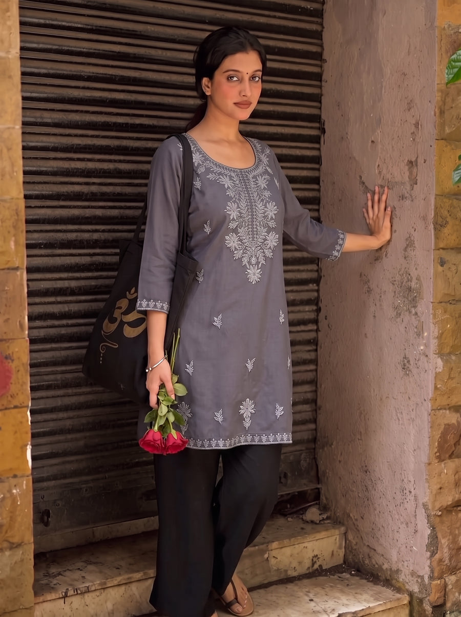 Tisha Dark Grey Embroidered Top styled view 7 – The Suitable