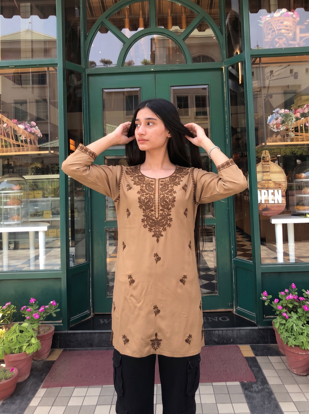 Mira Beige Embroidered Top neckline detail – The Suitable