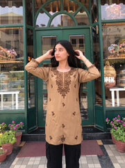 Mira Beige Embroidered Top neckline detail – The Suitable