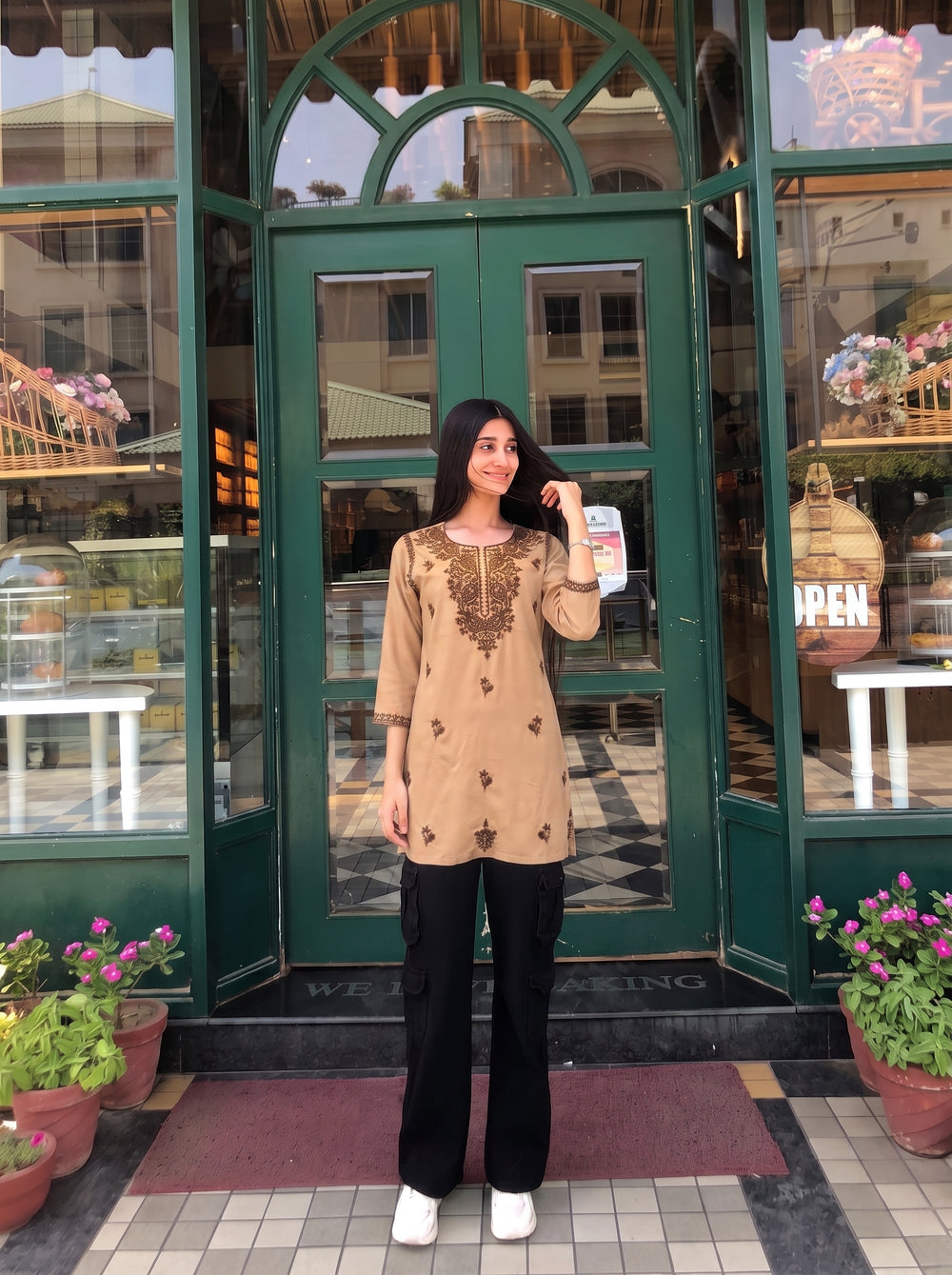 Mira Beige Embroidered Top back view – The Suitable