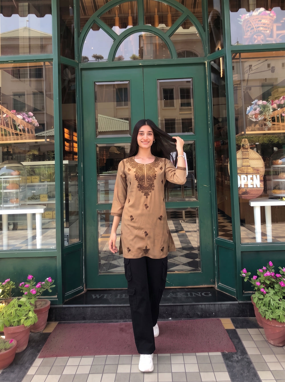 Mira Beige Embroidered Top styled view 4 – The Suitable