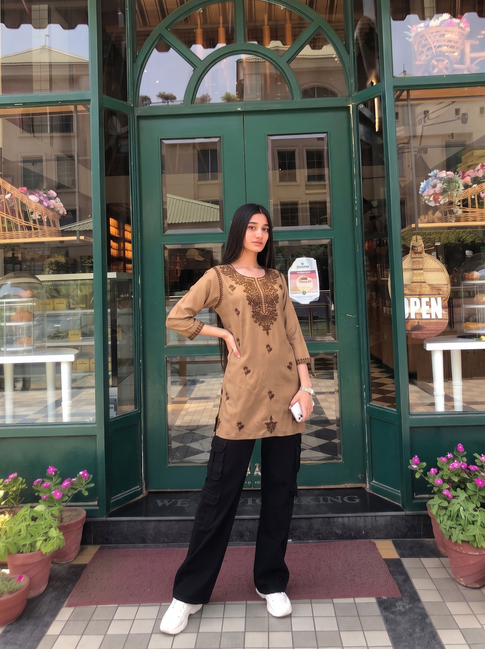 Mira Beige Embroidered Top styled view 5 – The Suitable