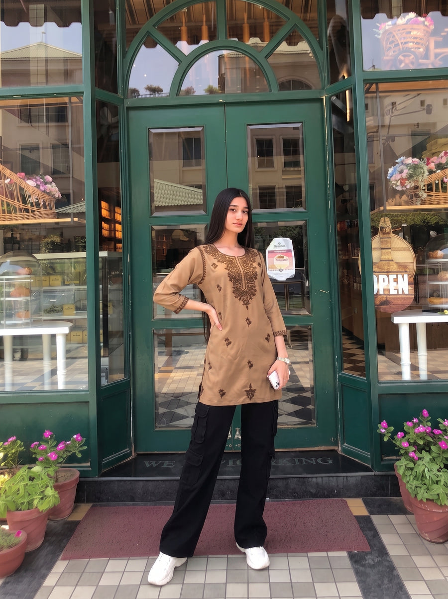 Mira Beige Embroidered Top styled view 5 – The Suitable