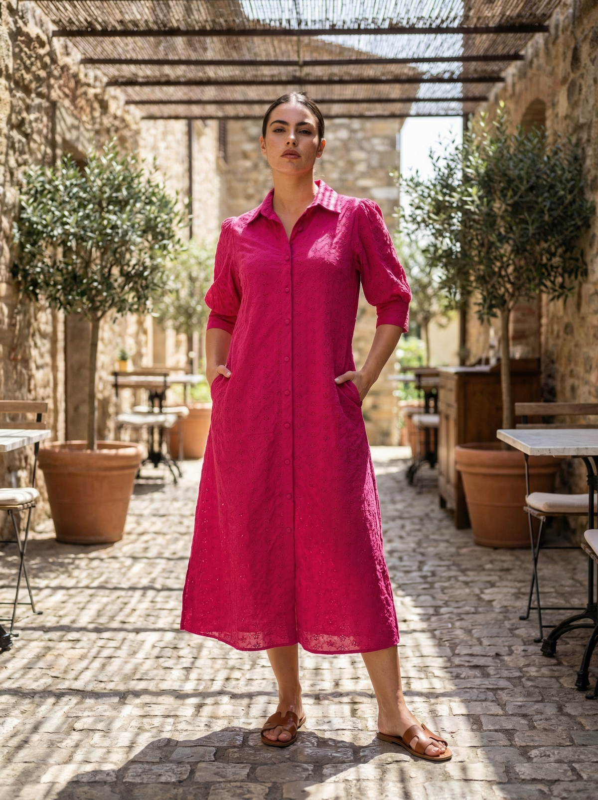 The Suitable Edit - model in pink button-front dress