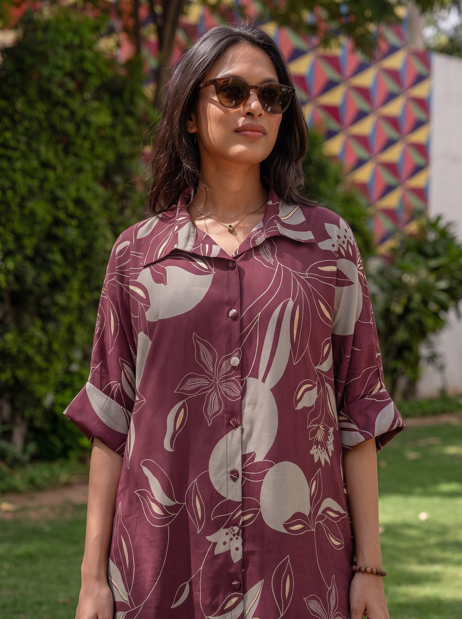 Tara Maroon Co-Ord Set neckline detail – The Suitable